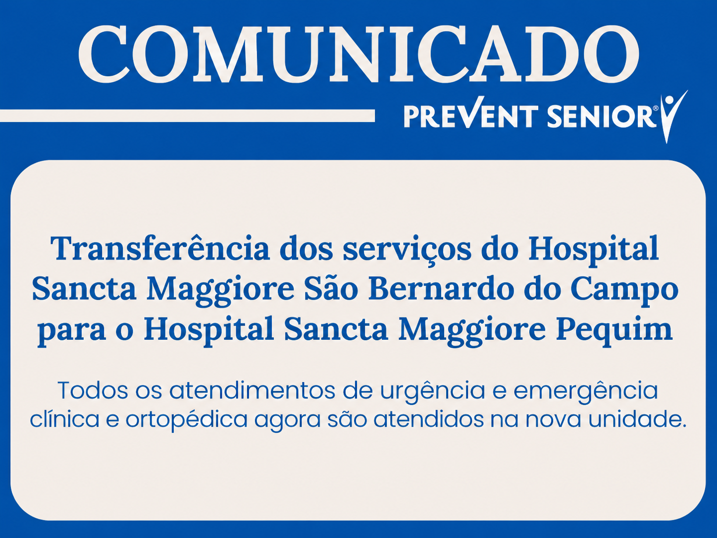Transferência dos serviços do Hospital Sancta Maggiore São Bernardo do Campo para o Hospital Sancta Maggiore Pequim
